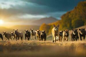 een groep van paarden en koeien rennen in de zonsondergang. ai-gegenereerd foto