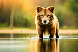 een hond staand in de water Bij zonsondergang. ai-gegenereerd foto