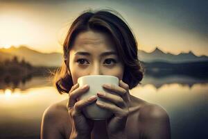 een vrouw drinken koffie in voorkant van een meer. ai-gegenereerd foto