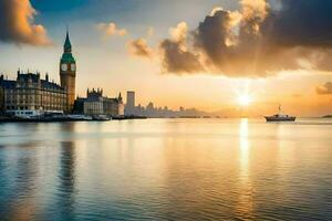 de zon stijgt over- Londen en groot ben. ai-gegenereerd foto