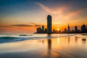 de zon sets over- de stad horizon in dubai. ai-gegenereerd foto