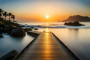 een houten pier Leidt naar de oceaan Bij zonsondergang. ai-gegenereerd foto