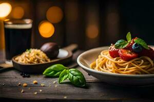 spaghetti met bessen en basilicum Aan een houten tafel. ai-gegenereerd foto