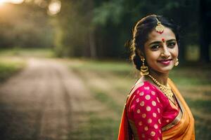 een mooi Indisch vrouw in een oranje sari. ai-gegenereerd foto