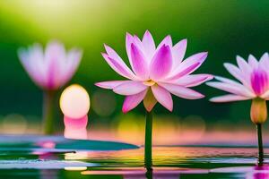 drie roze lotus bloemen in de water. ai-gegenereerd foto