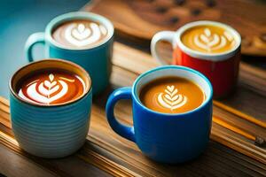 vier cups van koffie met latte kunst Aan hen. ai-gegenereerd foto