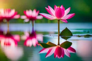 roze lotus bloem in water met reflectie. ai-gegenereerd foto