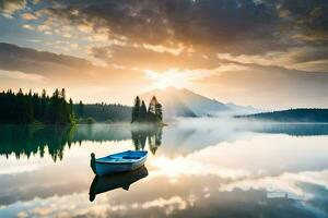 een boot zit Aan de kalmte water Bij zonsopkomst. ai-gegenereerd foto