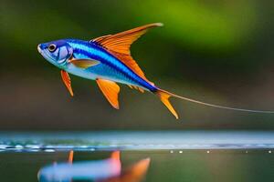 een vis met blauw en oranje vinnen vliegend over- water. ai-gegenereerd foto