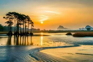 de zon sets over- een rivier- en sommige bomen. ai-gegenereerd foto