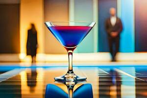 een blauw cocktail zittend Aan een tafel in voorkant van een Mens en vrouw. ai-gegenereerd foto