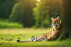 een tijger zittend onder een boom in de gras. ai-gegenereerd foto