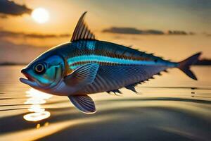 een vis is zwemmen in de water Bij zonsondergang. ai-gegenereerd foto