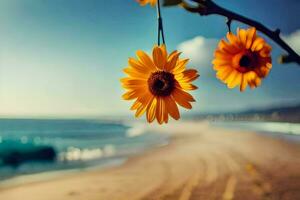 zonnebloemen Aan een strand. ai-gegenereerd foto