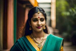 een mooi vrouw in een groen sari. ai-gegenereerd foto