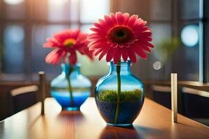 twee roze bloemen in blauw vazen Aan een tafel. ai-gegenereerd foto