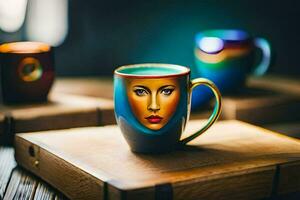 kleurrijk koffie cups met een vrouw gezicht Aan hen. ai-gegenereerd foto