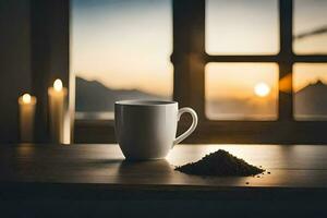 koffie kop en koffie bonen Aan een tafel in voorkant van een venster. ai-gegenereerd foto