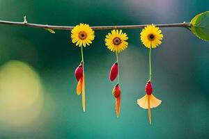 drie geel bloemen hangen van een Afdeling. ai-gegenereerd foto
