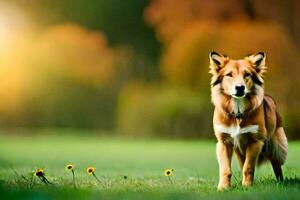 een hond is staand in de gras met bloemen. ai-gegenereerd foto