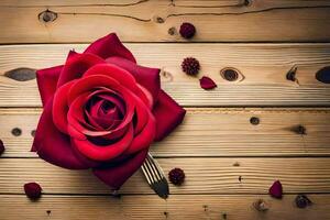 een rood roos Aan een houten tafel met een vork. ai-gegenereerd foto