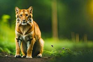 een tijger is staand in de midden- van een veld. ai-gegenereerd foto