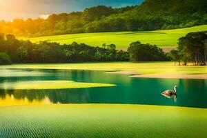 een zwaan is drijvend Aan de water in een groen meer. ai-gegenereerd foto