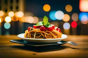 spaghetti met tomaat saus en vers basilicum Aan een bord. ai-gegenereerd foto