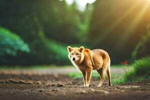 een hond is staand Aan een aarde weg in de midden- van een Woud. ai-gegenereerd foto