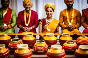 een groep van mensen in Indisch outfits zittend in de omgeving van een tafel met potten. ai-gegenereerd foto