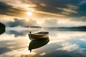 een boot Aan een meer Bij zonsondergang. ai-gegenereerd foto
