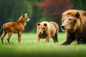 een leeuw, een hert en een gazelle in een veld. ai-gegenereerd foto