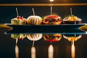 een bord met vier verschillend desserts Aan het. ai-gegenereerd foto