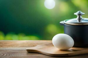 een ei Aan een houten snijdend bord met een pot. ai-gegenereerd foto