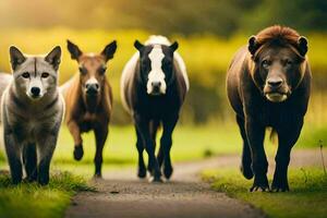 een groep van paarden wandelen naar beneden een weg. ai-gegenereerd foto