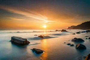 de zon sets over- de oceaan en rotsen. ai-gegenereerd foto
