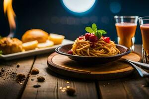 spaghetti en tomaat saus Aan een houten tafel. ai-gegenereerd foto