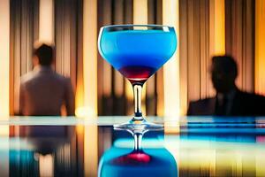 een blauw cocktail zittend Aan een tafel in voorkant van een Mens. ai-gegenereerd foto