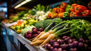 verschillend variëteiten van vers groenten in lokaal markten, super winkels. ai gegenereerd foto