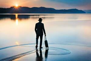 een Mens in een pak en hoed is wandelen Aan de strand Bij zonsondergang. ai-gegenereerd foto