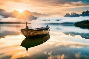 een boot zit Aan de water Bij zonsondergang. ai-gegenereerd foto