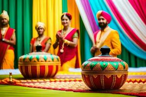 Indisch bruiloft ceremonie met kleurrijk trommels. ai-gegenereerd foto