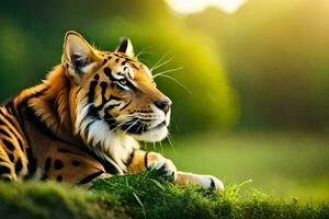 een tijger is houdende Aan de gras in de zon. ai-gegenereerd foto