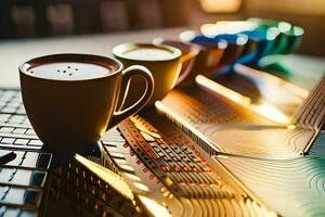 koffie cups Aan een toetsenbord. ai-gegenereerd foto