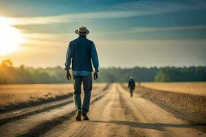 een Mens wandelen naar beneden een aarde weg met een hoed Aan. ai-gegenereerd foto