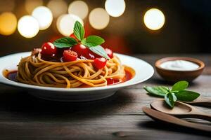 spaghetti met tomaat saus en basilicum bladeren Aan een houten tafel. ai-gegenereerd foto