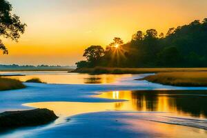 zonsondergang over- de rivier. ai-gegenereerd foto