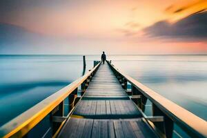 een Mens staat Aan een houten pier Bij zonsondergang. ai-gegenereerd foto