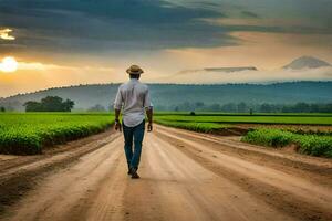 een Mens wandelen naar beneden een aarde weg in voorkant van een groen veld. ai-gegenereerd foto