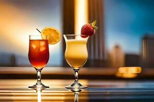 twee bril van cocktails met fruit en ijs. ai-gegenereerd foto